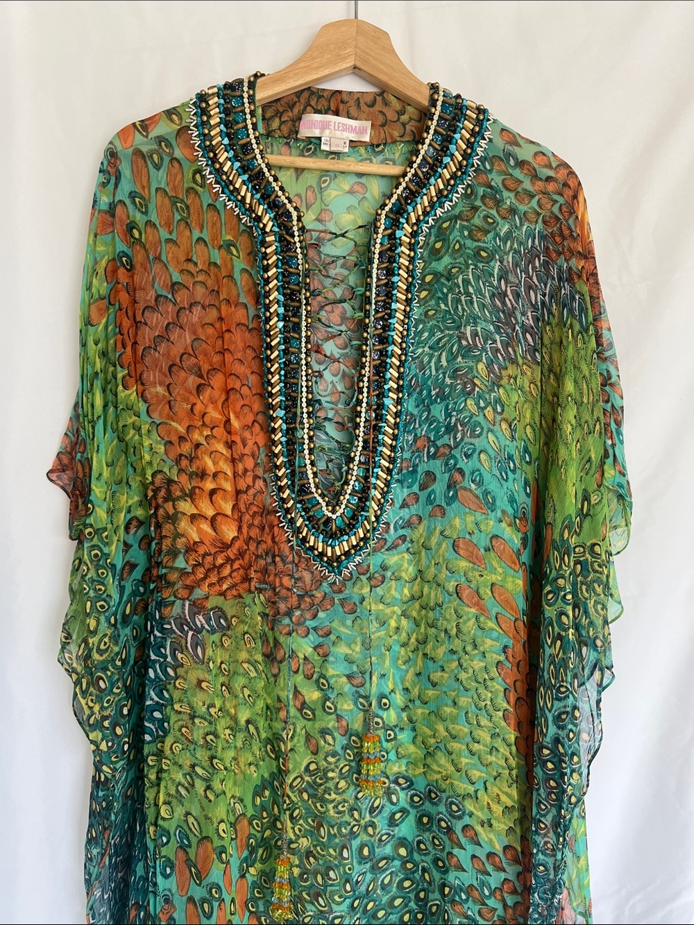 Monique Leshman Sheer Beaded V-Neck Tunic in Teal, Green & Orange